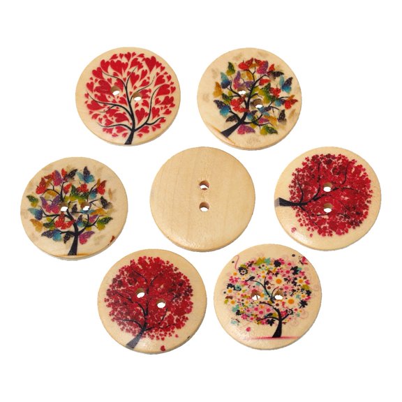 40pcs 3cm 2 Holes Round Wood Tree Pattern Buttons for Sewing DIY Scrapbooking Handmade Decoration