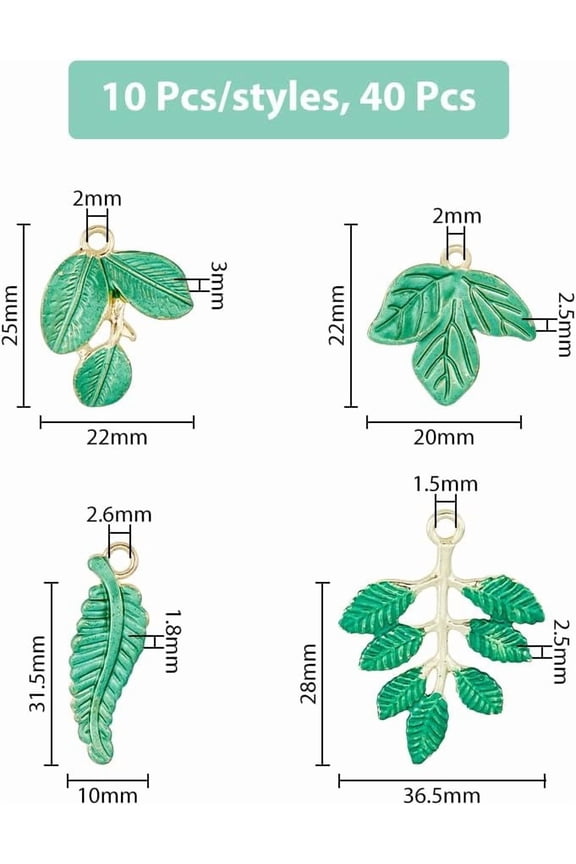 40pcs 4 Styles Enamel Alloy Leaf Charms - Light Gold Green Maple Tropical Plant for DIY Jewelry Making Hole: 22.6mm