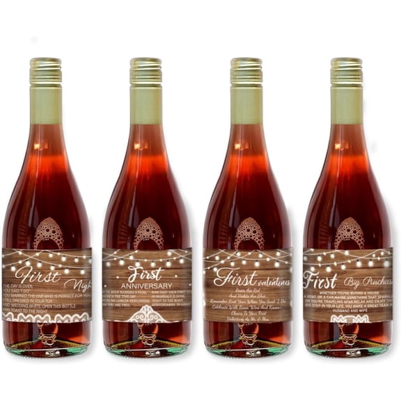 40pcs 4 Styles First Champagne Bottle Labels Mini Wedding Wine Labels Text Wine Bottle Sticker Labels Wood Grain Wine Bottle Labels for Bridal Shower Engagement Birthday Party Making DIY