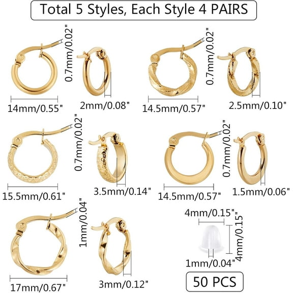 40pcs 5 Styles Flat Ring/Twisted Ring/Dapped Ring/Ring Shape Hoop Earrings Stainless Steel Hoop Earring and Plastic Ear Nuts Golden Earrings Set for Women Earring