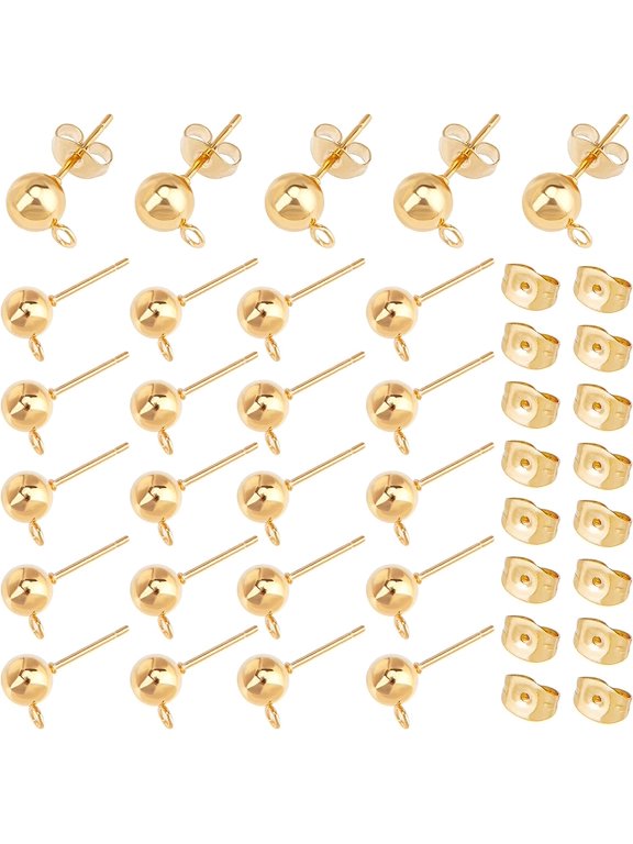 40pcs 6mm 304 Stainless Steel Stud Earring Findings Ball Stud Earrings Gold Color Earrings Metal Ear Studs for DIY Jewelry Making Pin 0.8mm
