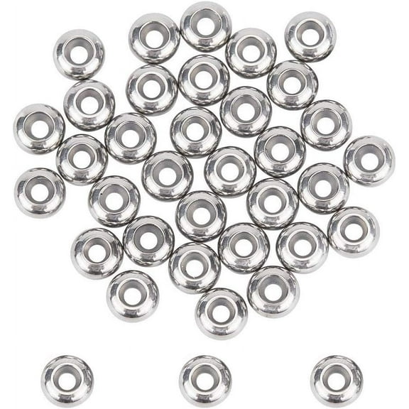 40pcs 6mm Rondelle Stopper Beads 304 Stainless Steel Slider Beads with Plastic 1mm Small Hole Loose Bead Metal Beads Fidning