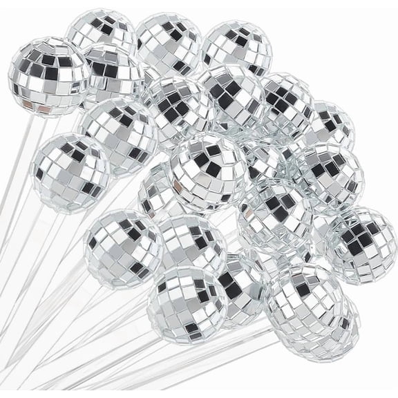40pcs 7.4x1 Inch Disco Balls Cocktail Stirrers Silver Cocktail Disco Decorative Sticks Round Top Mirror Swizzle Sticks for Coffee Drinks Cocktail Decorations Home Disco Party Supplies DIYDIY