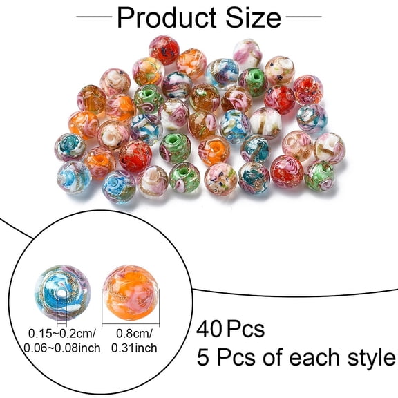 40pcs 8 colors Handmade golden Sand Lampwork Beads Inner Flower Round Mixed color 8~8.5x7~8mm Hole: 1.4~2mm 5pcs/color
