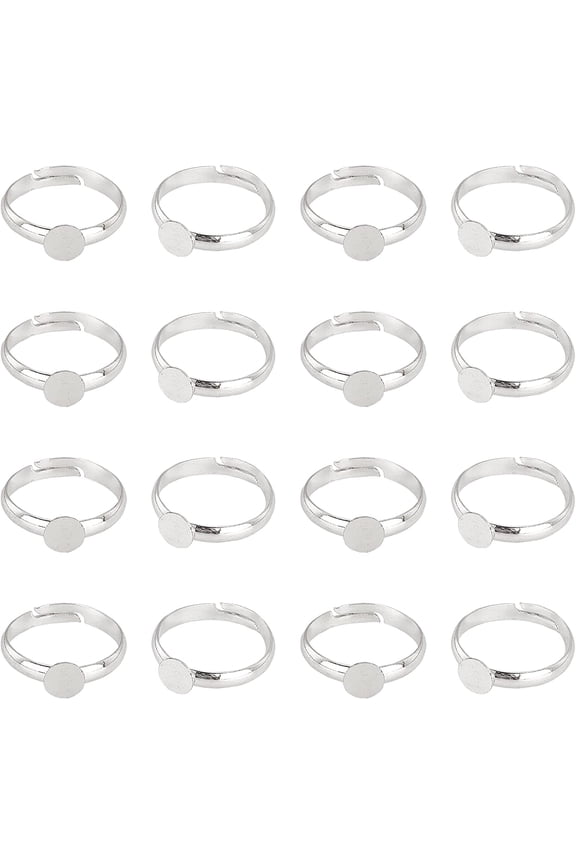 40pcs Adjustable Blank Rings Silver Rings Brass Finger Ring Settings Components Base with 6mm Round Pad for DIY Jewelry Making Birthday Women Brass