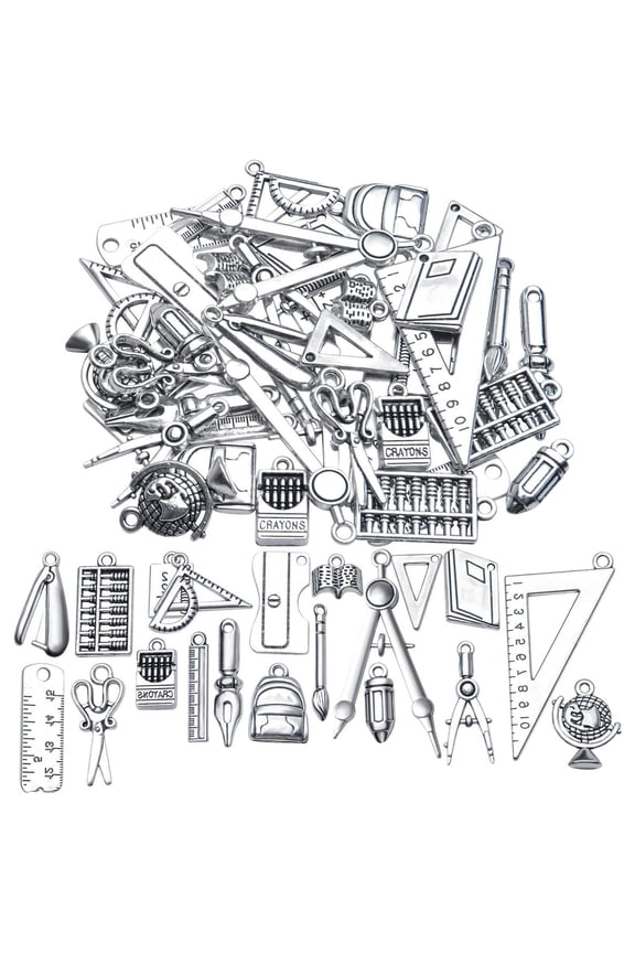 40pcs Alloy School Teacher Charms Pendant Ruler Pencil Compasses Charm Pendants Craft Supplies Antique Silver for DIY Jewelry Making Crafting Findings Accessory