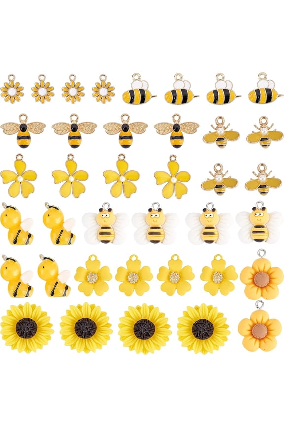 40pcs Bee Flower Charms 10 Styles 3D Bee Sunflower Enamel Pendants Animal Floral Resin Dangle Charms for Earring Bracelet Necklace Kaychain Waist Jewelry Making