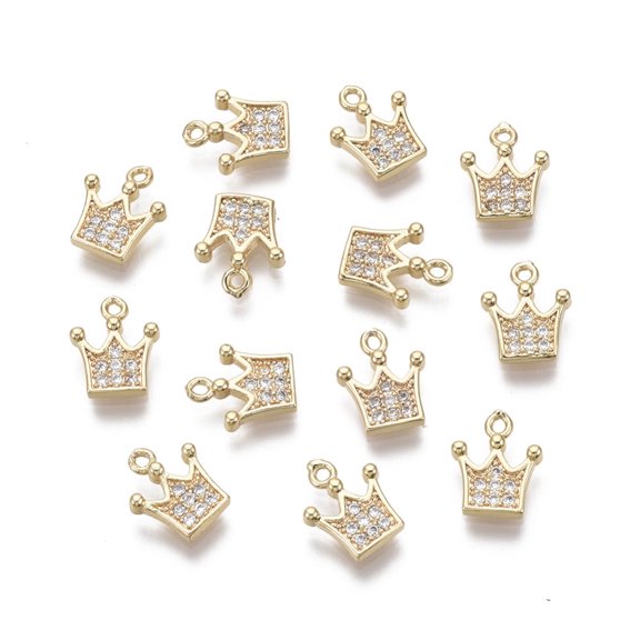 40pcs Brass Micro Pave Clear Cubic Zirconia Nickel Free Crown golden 9.5x8x2mm Hole: 0.9mm