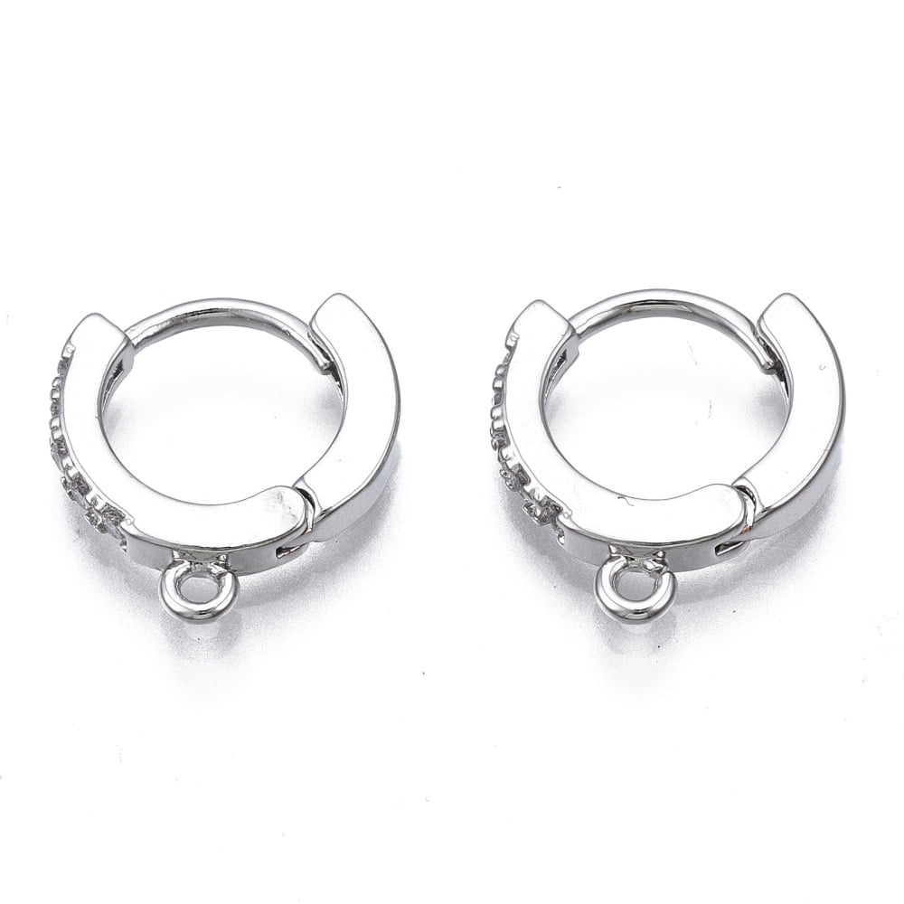 40pcs Brass Micro Pave Cubic Zirconia Huggie Hoop Earring Findings with Horizontal Loop Nickel Free Clear Platinum 13.5x12x2.5mm Hole: 1mm Pin: 0.8mm