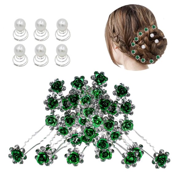 40pcs Bridal Wedding Rhinestone Rose Flower U-shaped Hair Pins & 6pcs Twist Pearl Hairpins Headpiece Set in Gift Box for Women Girls Bridesmaid (Royal Blue Set)