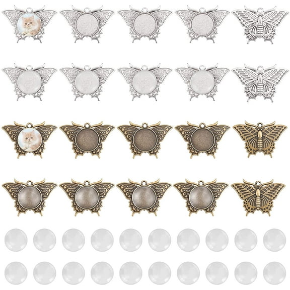 40pcs Butterfly Pendant Trays Blank Bezel 20pcs Animal Photo Charm Base and 20pcs Glass Cabochon Dome Tiles Antique Bronze Silver