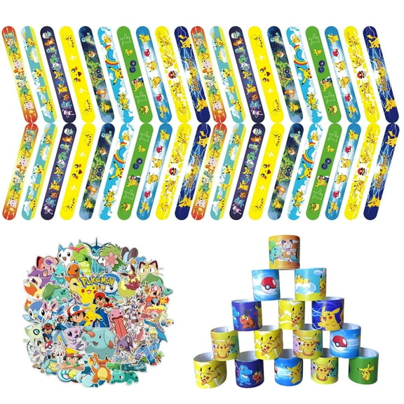 40pcs Cartoon Slap Bracelets & 50pcs Cartoon Stickers for Boys & Girls, Cartoon Themed Party Favors for cartoon Birthday Party Supplies