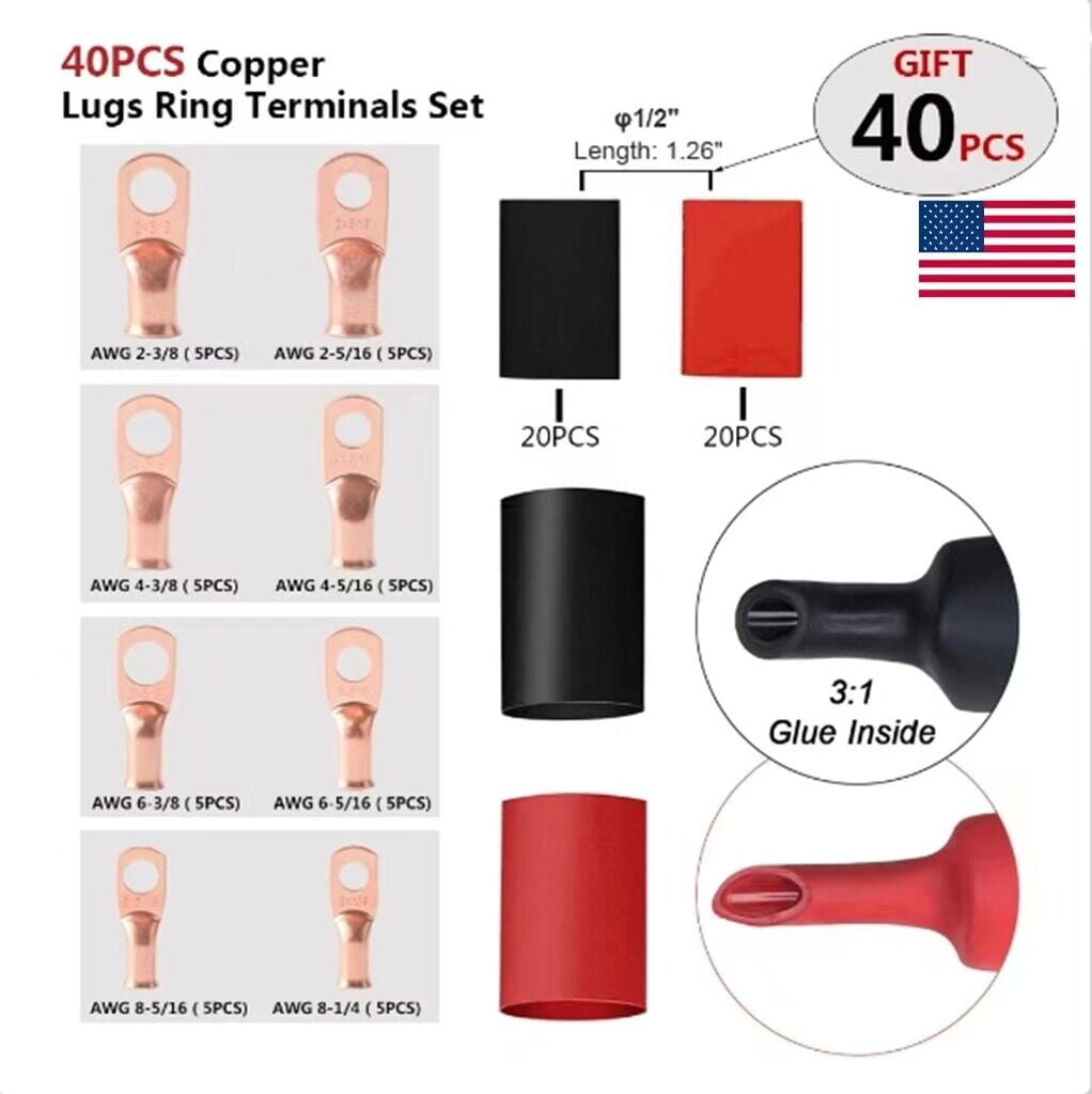 40pcs Copper Battery Welding Cable Lug Wire Ring Terminals Crimp Connectors