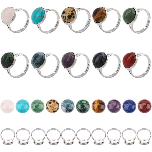40pcs DIY Natural Gemstone Finger Ring Making Kits Including Adjustable Brass Ring Components and 10 styles Cabochons Platinum Size 7 17mm Tray: 12mm
