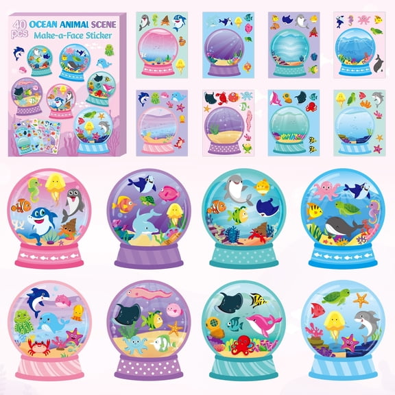 Laffact Making Ocean Animals Crystal Ball Scene Sticker with Gift  Box  for Scrapbooks Decor,40Pack