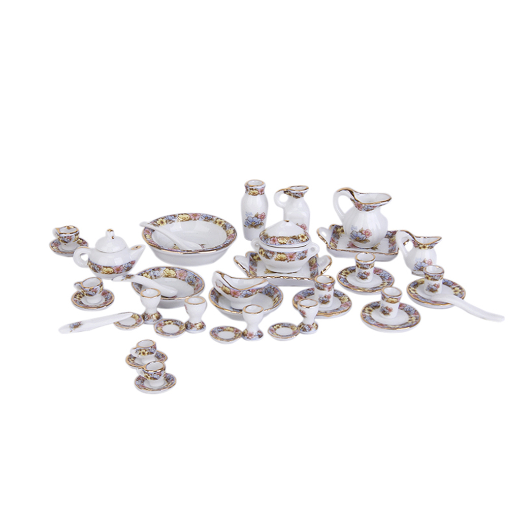 40pcs Dollhouse Miniature Tea Set Dining Ware Porcelain | Tea Set Dish Cup Plate - Floral Pot Set - image 1 of 8