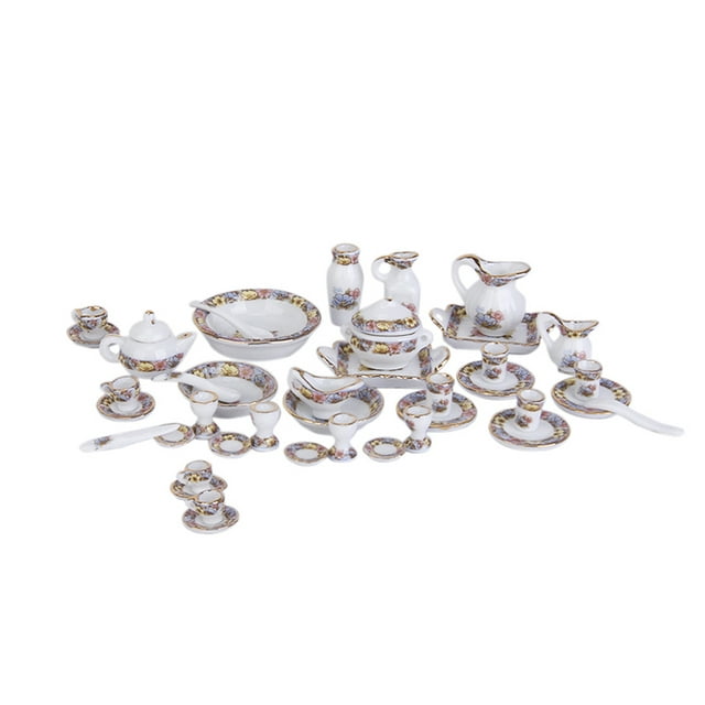 40pcs Dollhouse Miniature Tea Set Dining Ware Porcelain | Tea Set Dish Cup Plate - Floral Pot Set