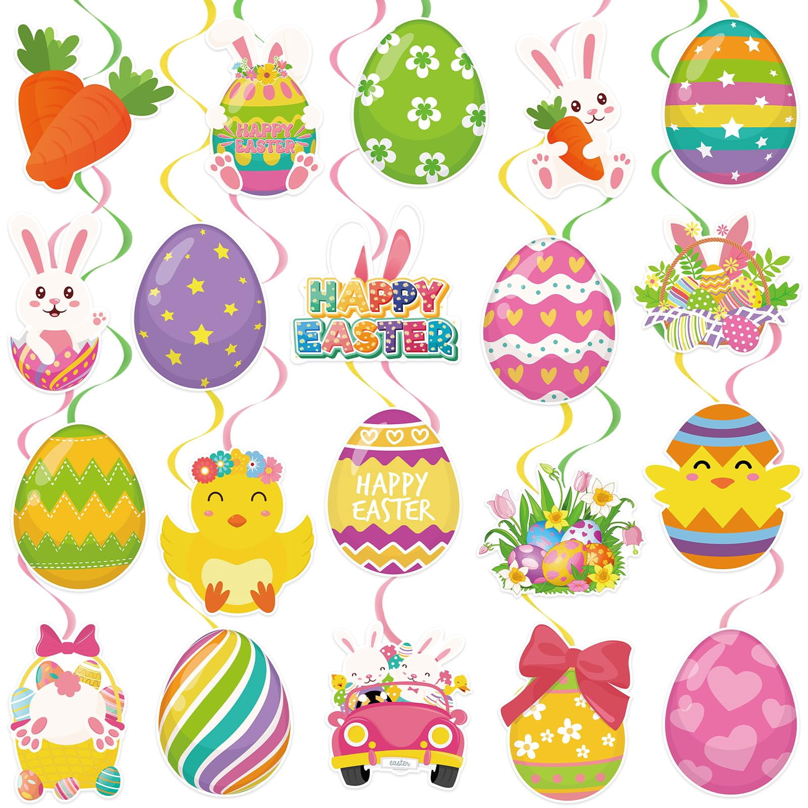 40pcs Easter Hanging Swirl Decorations Cute Bunny Eggs Ceiling Swirls ...