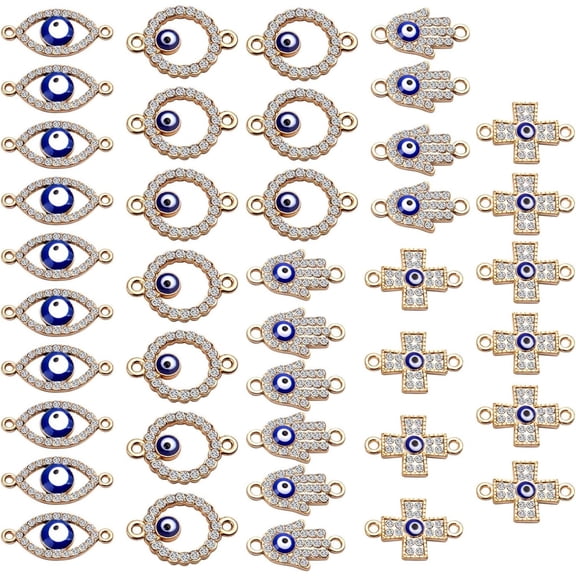 40pcs Gold,Evil Eye Connectors Pendants Bracelet Rhinestone Connector Bead Charms Round Cross Hand Eye Forms for Bracelet Necklace Crafts