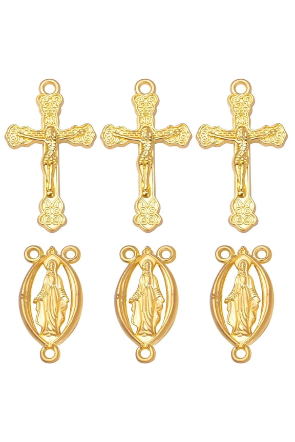 40pcs Gold Plated Rosary Cross and Center Charms Miraculous Medal Pendant Alloy Tibetan Style Jesus Crucifix Cross Pendants Oval Chandelier Links for Rosary Holy Beads Necklace Making