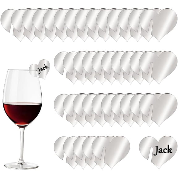 40pcs Heart Shaped Acrylic Drink Tags - Silver Mirror Finish - DIY Name Tags for Wine Glasses - Perfect for Parties Weddings Birthdays More for DIY