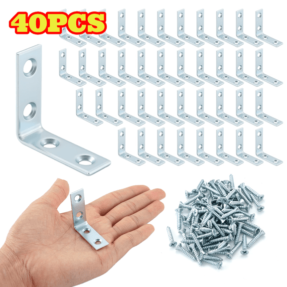 40pcs L Bracket Corner Brace with Screws, Metal L Brackets Right Angle, for Wood Furniture Shelves Chair Drawer Cabinet