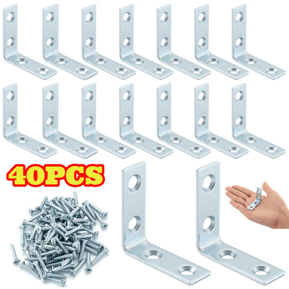 40pcs L Bracket Corner Braces, 1.5 inch Metal Right Angle L Brackets with Screws for Wood Shelves Chair Drawer Cabinet, Zinc Plated