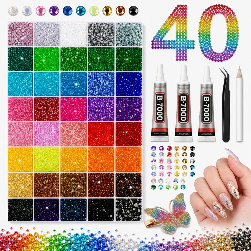 MQUPIN 40000Pcs 3mm Multicolor Flatback Resin Rhinestones, 40 Colors with 3×10ml B7000 Glue for Nail Art, Diamond Painting & DIY Crafts