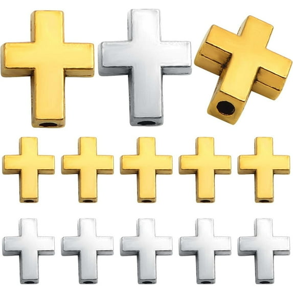 40pcs Mini Cross Shape Spacer Bead Antique Alloy Cross Crucifix Beads European Large Hole Loose Bead with A Box for DIY Jewelry Bracelet Jewelry Making Supplies, 2 Colors