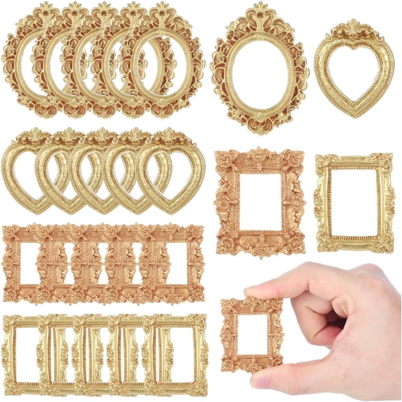 40pcs Miniature Vintage Picture Frames for Craft, Antique Gold Tiny Resin Photo Frames for Dollhouse, Shadow Box Decoration, Photo Shooting Background (Mixed Style)