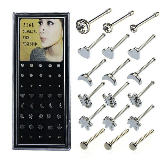 40pcs Nose Rings Bone Stud Pin Crystal 20G Stainless Steel Body Piercing Jewelry