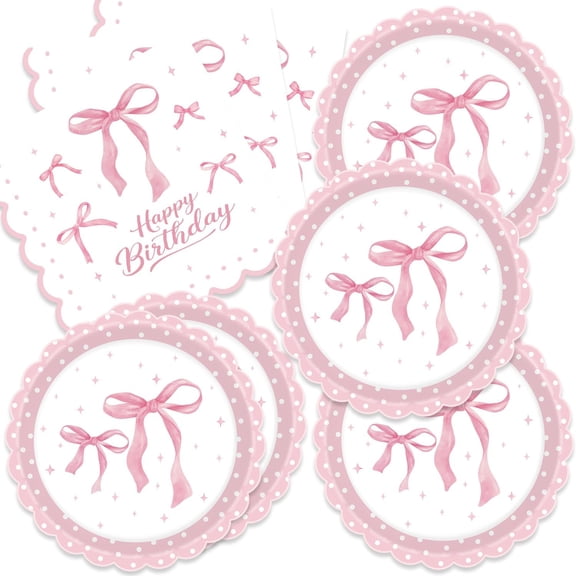 40pcs Pink Bow Party Supplies Coquette Birthday Decorations Pink Bow Birthday Plates and Napkins for Girl Bow Theme Party Baby Shower Bridal Bachelorette Party,Suitable for 20 Guests