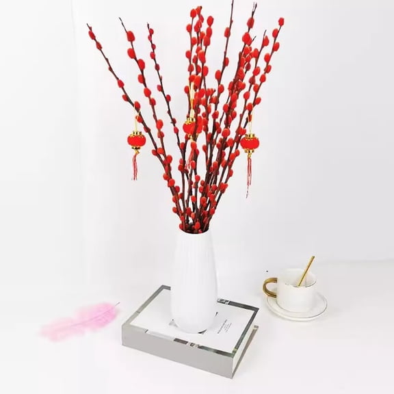 40pcs Red Pussy Willow Branches 17.5in Dried Flowers for Home Decor