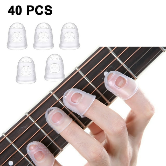 40pcs Silicone Guitar Finger Guards Fingertip Protectors Fingertip Protection Covers Caps for Stringed Instruments, Sewing and Embroidery (5 Sizes),Transparent color