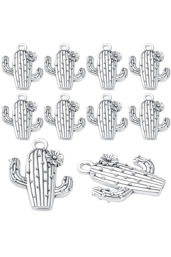40pcs Silver Cactus Charms Pendants Tibetan Alloy Vintage Desert Flower Charms Tropical Theme Plant Pendants Jewelry Making Findings for DIY Necklace Bracelet Crafts Handmade Decoration