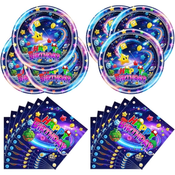 40pcs Super Bros Galaxy Birthday Tableware, 20 Plates and 20 Napkin,Super Bros Theme Party Decorate Supplies