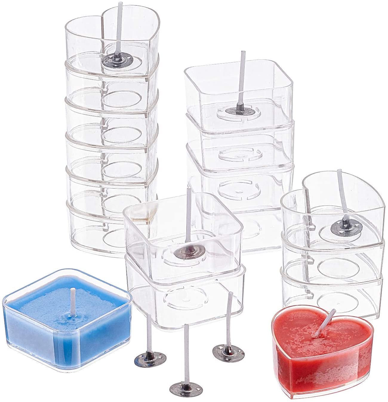 40pcs Tealight Cups Holders Heart Square Tea Light Tins Plastic Clear Candle Wax Tins Jars Cases with 100pcs 25mm Candle Wicks for DIY Candle Making Christmas Valentine's Day Wedding