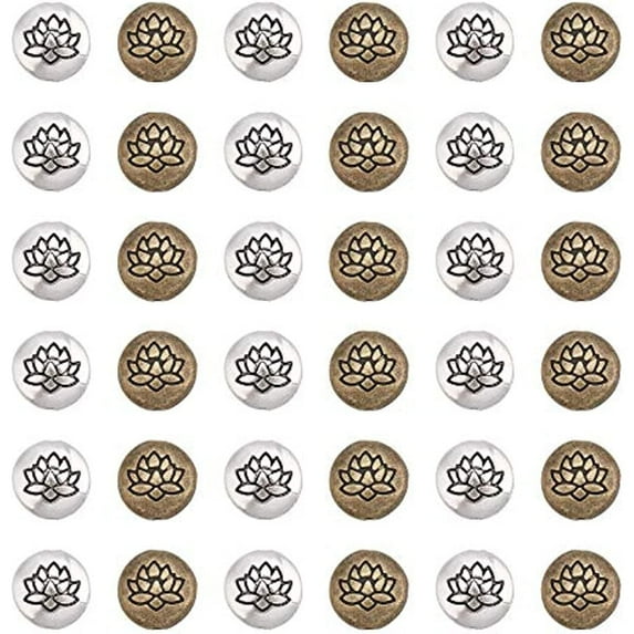 40pcs Tibetan Style Alloy Beads 14mm Flat Round with Lotus Loose Beads for Jewelry Making