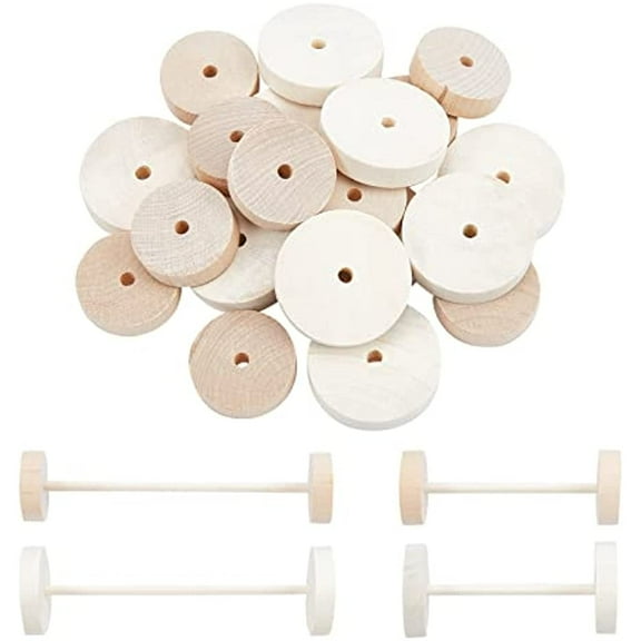 40pcs Wood Wheels Unfinshed Wooden Wheel with Wooden Sticks Wooden Craft Wheels Tires with 0.2 inch Holes for DIY Model Cars Wooden Crafting Projects