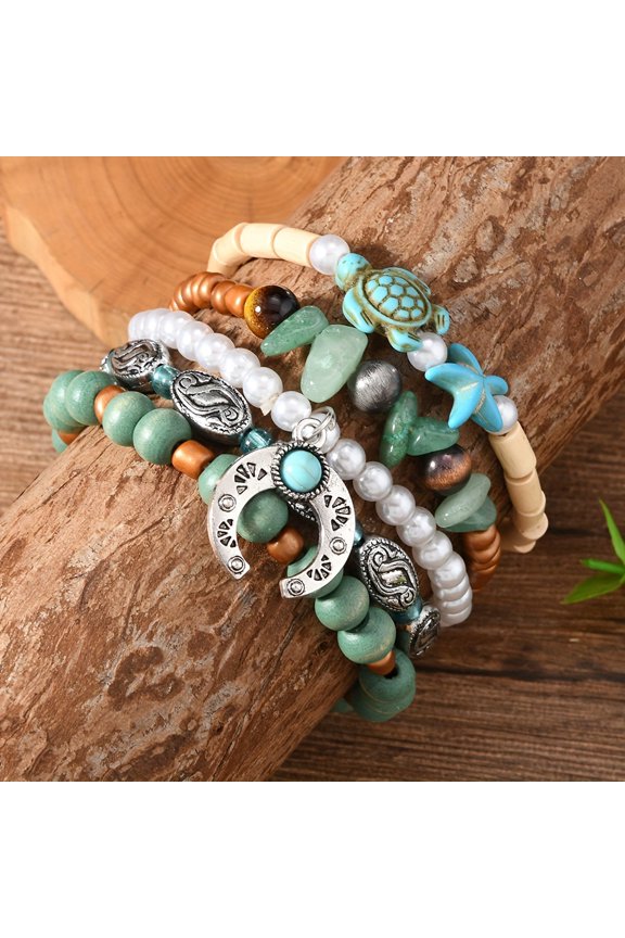 [40pcs Wooden Bead Bracelet Set] 40pcs Handmade Wooden & Turquoise Stone Bead Bracelet Set with Zinc Alloy Pendant | Mix Colors, Christmas Gift, Popular Couple Bracelet Set, Party Gift