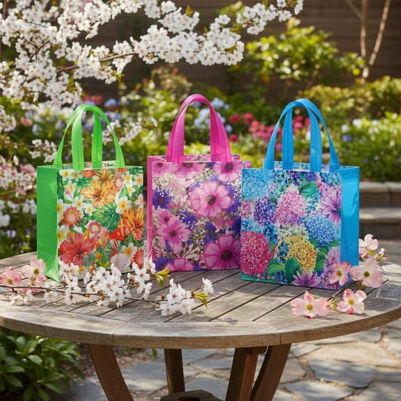 40Packs Floral Non-Woven Reusable Gift Tote Bags with Handles - Colorful Flower Design for Spring Easter Valentine's Day Parties & Camping Trips