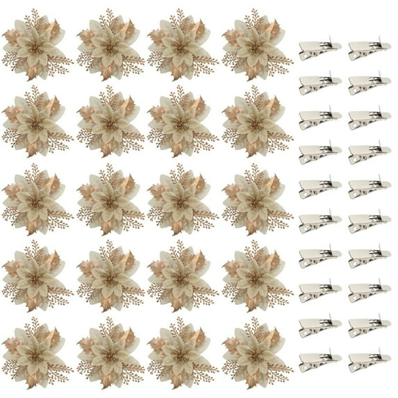 40pcs/set, Poinsettia Artificial Christmas Flowers Decorations Xmas Tree Ornaments Red Glitter Artificial Poinsettia Ornaments, 20pcs Flowers + 20pcs Clips