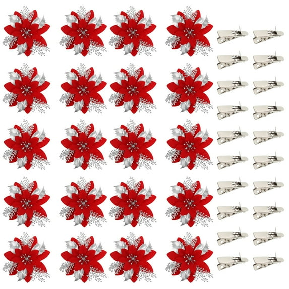 40pcs/set, Poinsettia Artificial Christmas Flowers Decorations Xmas Tree Ornaments Red Glitter Artificial Poinsettia Ornaments, 20pcs Flowers + 20pcs Clips