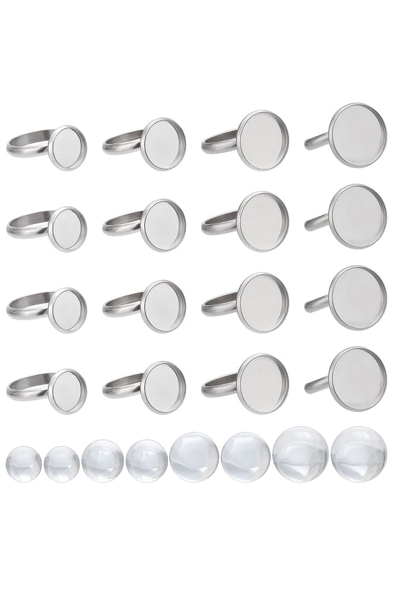 40sets 80pcs Cabochon Ring Blanks Glass Cabochons Ring Base Stainless Steel Rings Bezel Flat Round Tray Adjustable Finger Rings Findings for Women DIY Silver color Ring Making kits Supplies