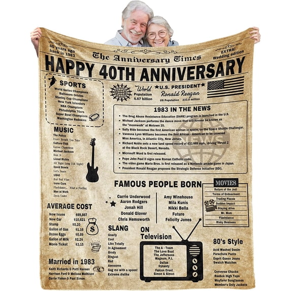40th Anniversary Blanket Gifts Gift for 40th Wedding Anniversary Ruby Wedding Forty Years of Marriage Gifts for Couple Wife Husband Dad Mom Parents Back in 1983 Throw Blanket 60Lx50W Inch