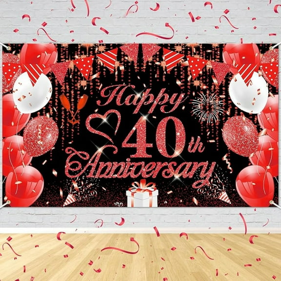 40th Anniversary Decorations Red Black Happy Banner Ruby Wedding for Anniversary, Party 72.8x43.3 inches