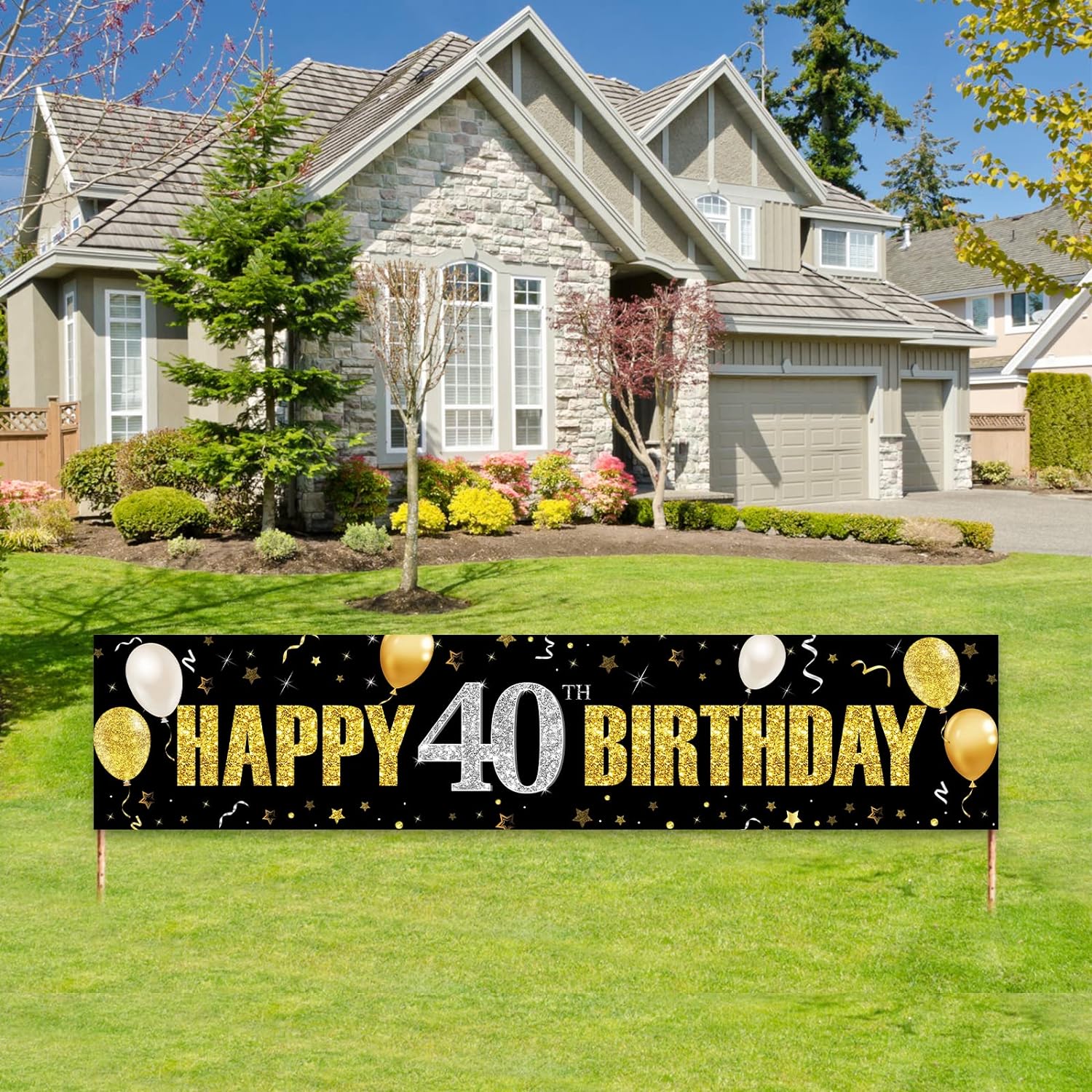 40th Birthday Banner Decorations Black Gold Happy 40 Birthday Yard