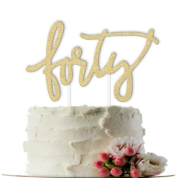 40th Birthday Cake Topper Decoration - FORTY - 6.5" x 4" Fortieth Bday Topper w/ Premium Double Sided Gold Glitter Cardstock Paper - Classy & Fabulous Accessory