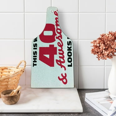 40th Birthday Cutting Board, 40 Hilarious Birthday Slogan Cool Humor, Decorative Tempered Glass Cutting and Serving Board, Wine Bottle Shape, Pink Black White, by Ambesonne