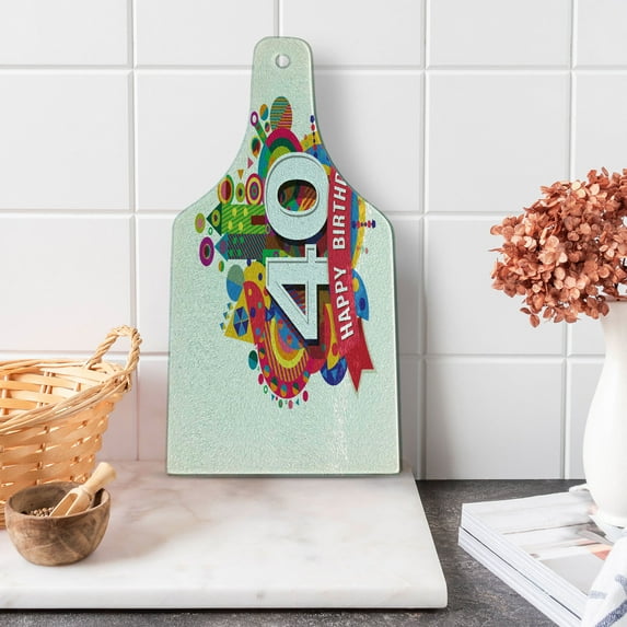 40th Birthday Cutting Board, Display with Colorful Cartoon Style Dots and Banner Print, Decorative Tempered Glass Cutting and Serving Board, Wine Bottle Shape, Multicolor, by Ambesonne